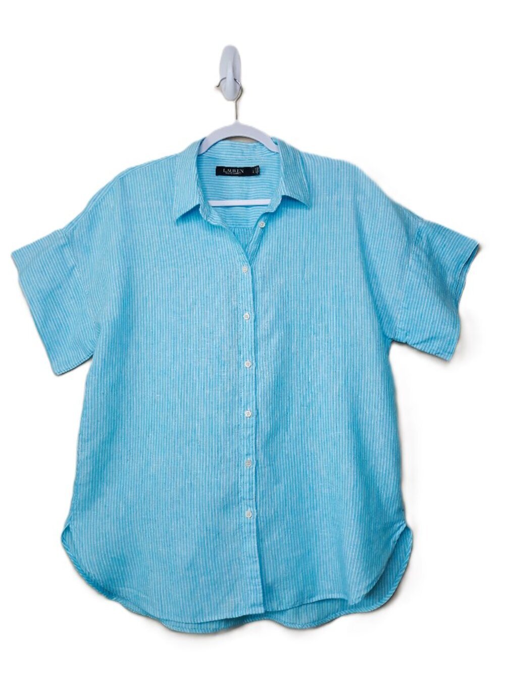 Lauren Ralph Lauren 100% Linen Turquoise Striped Button Up Short Sleeves